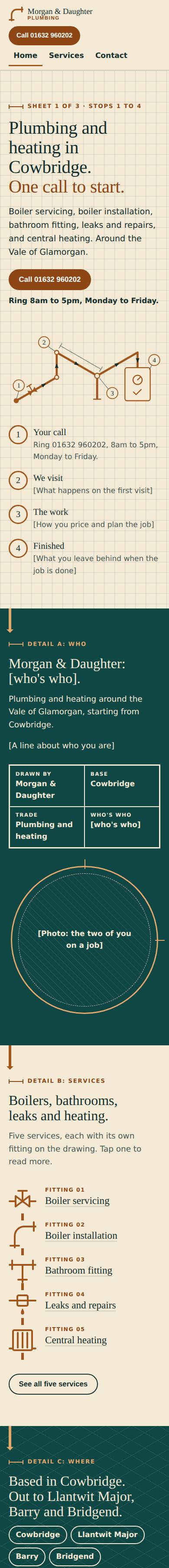 The Pipe Run: an example website design for Morgan & Daughter Plumbing, a plumber in Cowbridge
